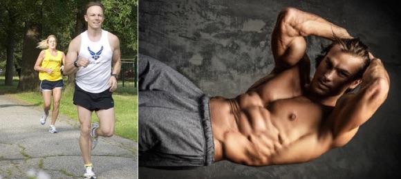 Bauchmuskeln trainieren: Foto von einem Mann beim Joggen und beim Bauchtraining.