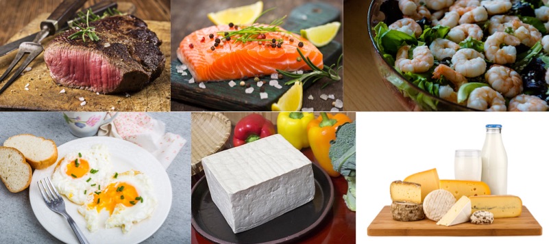 Dukan Diät: Foto von eiweißreichen Lebensmitteln wie Fleisch, Fisch, Meeresfrüchte, Eier, Tofu und Milchprodukten.