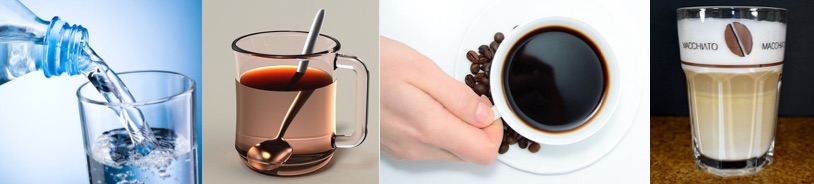Dukan Diät: Foto von erlaubten Getränken wie Wasser, Tee, Kaffee und Latte Macchiato.