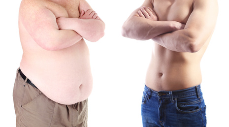 Dukan Diät: Foto von einem dicken Mann vor dem Abnehmen und einem schlanken Mann nach dem erfolgreichen Abnehmen.
