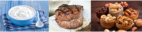 Eiweißtabelle: Foto von drei eiweißreichen Lebensmitteln wie mageres Fleisch, fettreduzierter Quark und Nüssen