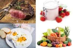 Lebensmittel ohne Kohlenhydrate: Foto von kohlenhydratarmen Lebensmitteln wie mageres Fleisch, Eier, Gemüse, Obst und Milchprodukte.