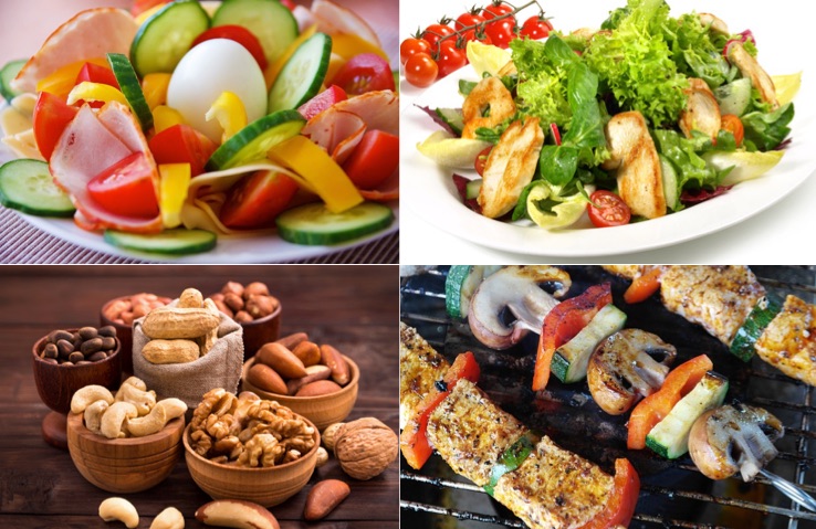Muskelaufbau Tipps: Foto von 4 eiweissreichen Lebensmitteln wie Gemüse, Nüsse und mageres Fleisch