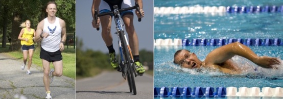 Bauchspeck loswerden: Foto von drei Ausdauersportarten wie Radfahren, schwimmen und laufen