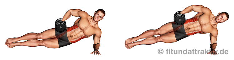 Seitliche Bauchmuskeln aufbauen: Bild von der Übung Hüftheben mit Kurzhantel.