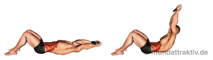 Sixpack antrainieren: Bild von der Übung Bauchpresse mit Hantelscheibe.