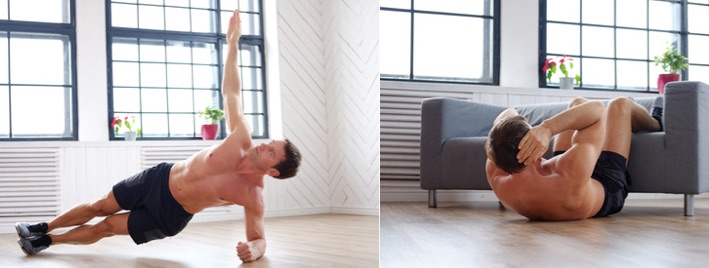 Effektives Bauchmuskeltraining: Foto von einem Mann bei der Bauch-Übung seitliches Hüftheben und Situps.