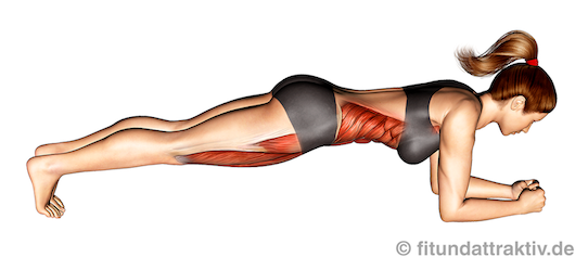 Bauchmuskeltraining für Anfänger: Bild von der Übung Unterarmstütz Beine gestreckt.