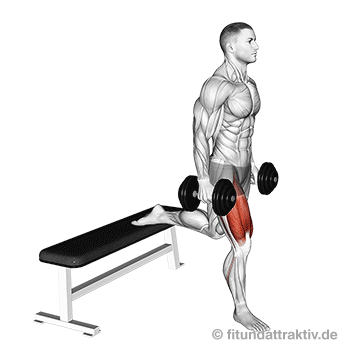 Glutealmuskulatur Übungen zuhause: GIF von der Übung einbeinige Kniebeugen mit Kurzhanteln.