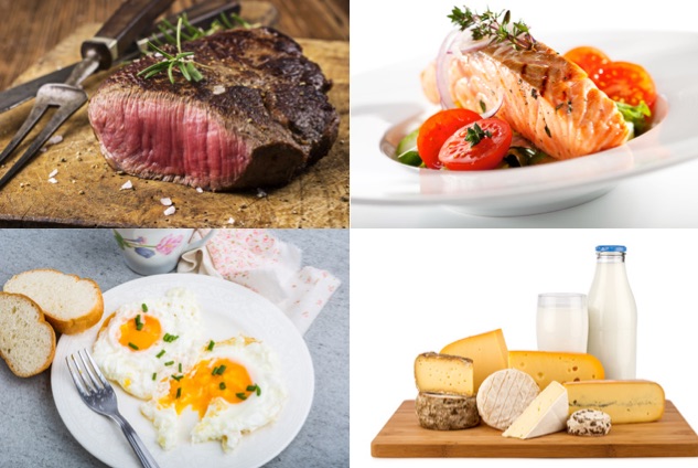 Körperfettanteil senken: Foto von eiweißhaltigen Lebensmitteln wie mageres Fleisch, Fisch, Eier und fettreduzierte Milchprodukte.