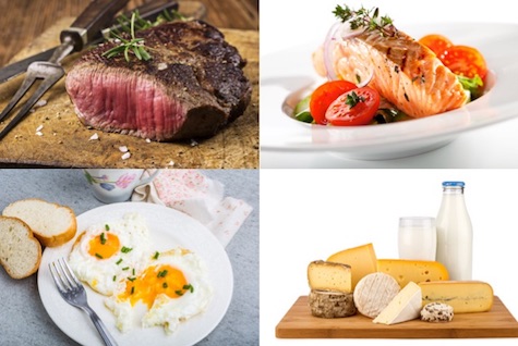 Low Carb Ernährungsplan: Foto von den eiweißhaltigen Lebensmitteln Fleisch, Fisch, Eier und Milchprodukte.