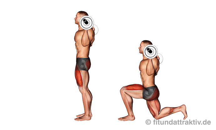 Beinstrecker Übungen: Bild von der Übung Ausfallschritte mit Langhantel.