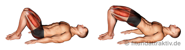 Rückenschule Übungen PDF: Bild von der Übung Beckenheben.