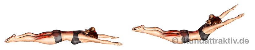 Rückenschule Übungen PDF: Bild von der Übung Rückenstrecken liegend.