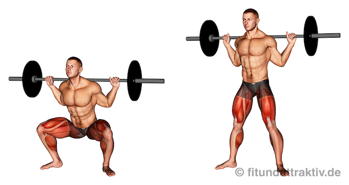 Bild von der Übung breite Kniebeugen mit Langhantel, auch Sumo Kniebeuge genannt.