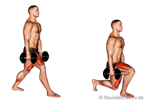Bild von der Übung einbeinige Kniebeuge mit Kurzhanteln.