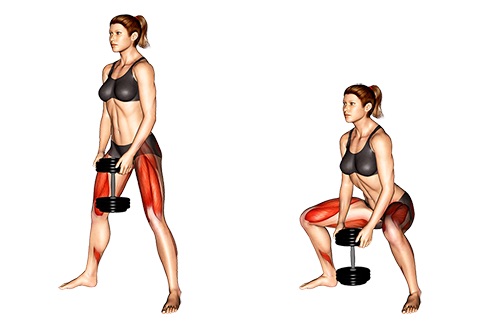 Foto vom Oberschenkelrückseite trainieren mit der Übung breite Kurzhantel Kniebeugen.