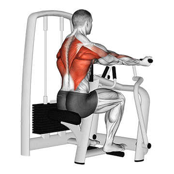 Rückenschmerzen Übungen: GIF von der Übung Rudern Maschine breiter Untergriff.