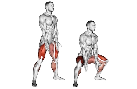 Muskelaufbau ohne Geräte Trainingsplan: Foto von der Übung Breite Kniebeuge.