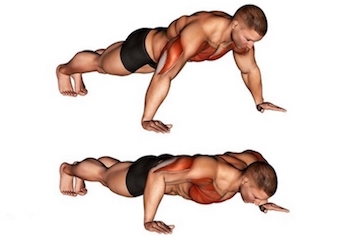 Ganzkörper Workout ohne Geräte: Foto von der Übung Liegestützen breit.