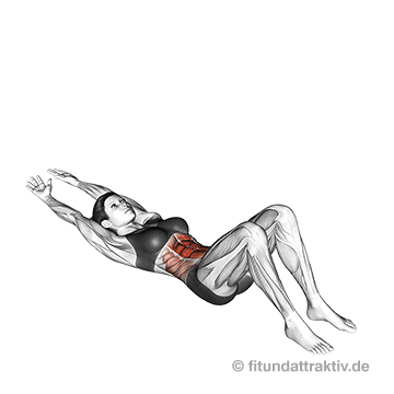 Bauch Beine Po Übungen für zuhause mit Bildern: GIF von der Übung Crunches gestreckte Arme.
