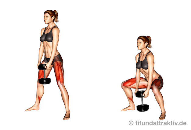 Bauch Beine Po Übungen zum Abnehmen: Bild von der Übung Sumo Kniebeuge mit Kurzhantel.