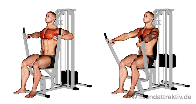 Brustübungen Gym: Bild von der Übung Bankdrücken Maschine breiter Griff.