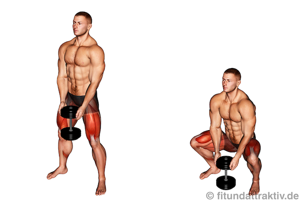 Grundübungen Krafttraining zu Hause: Bild von der Übung tiefe Kniebeugen mit Kurzhantel.