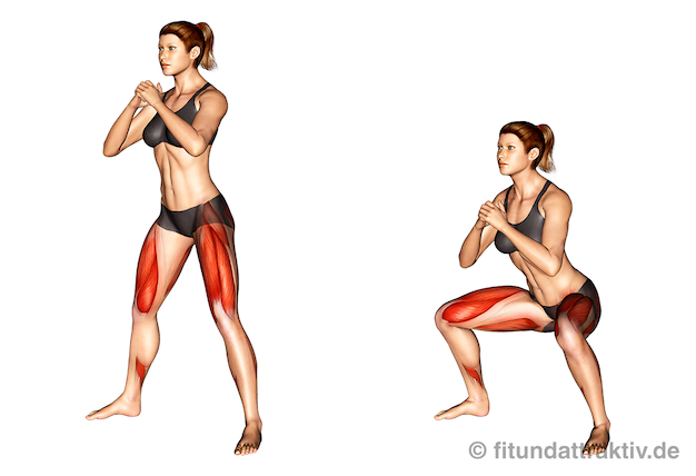 Krafttraining ohne Geräte Frauen: Bild von der Übung Kniebeuge breit.