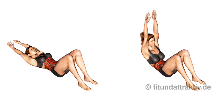Muskelaufbau Frau ab 60 zuhause: Bild von der Übung Bauchpresse Arme gestreckt.