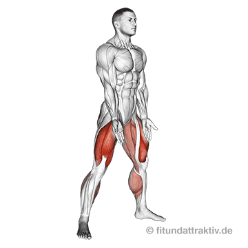Unterkörper Training Übungen ohne Geräte: GIF von der Übung Kniebeuge breit.