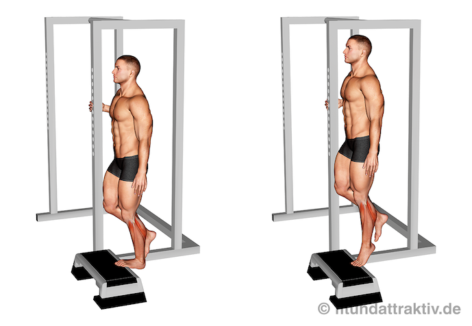 Waden trainieren zuhause ohne Geräte: Bild von der Übung Wadenheben einbeinig.