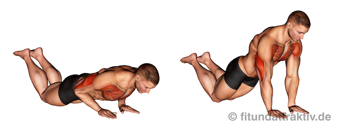 Workout für zuhause Männer ohne Geräte: Bild von der Übung enge Liegestütze auf Knien.