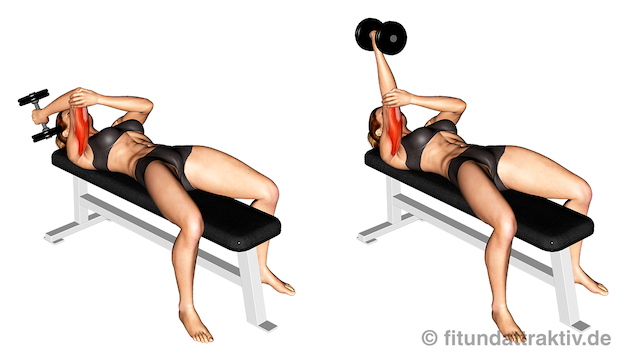 Armmuskeln aufbauen Frauen: Bild von der Übung einarmiges Stirndrücken mit Hantel.