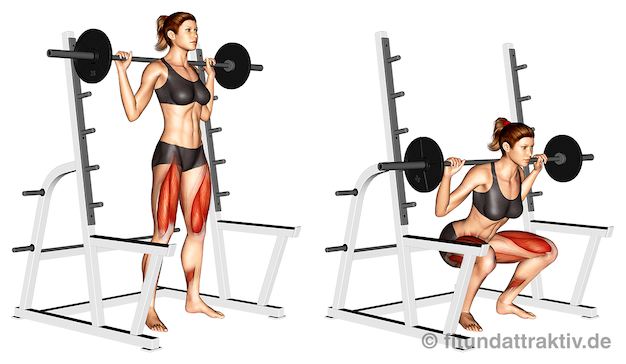 Langhantel Trainingsplan Frauen: Bild von der Übung klassische Kniebeuge mit Langhantel.