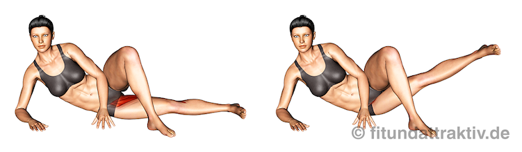 Beintraining Frauen ohne Geräte: Bild von der Übung Beinheben innen.