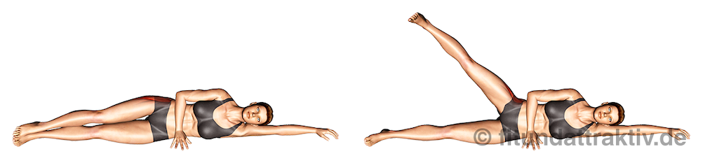 Beintraining Frauen ohne Geräte: Bild von der Übung Beinheben seitlich.