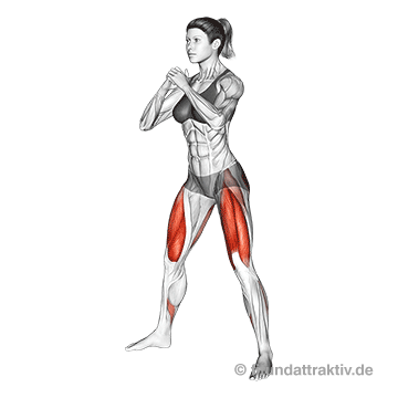 Beintraining Frauen ohne Geräte: GIF von der Übung Kniebeugen breit.