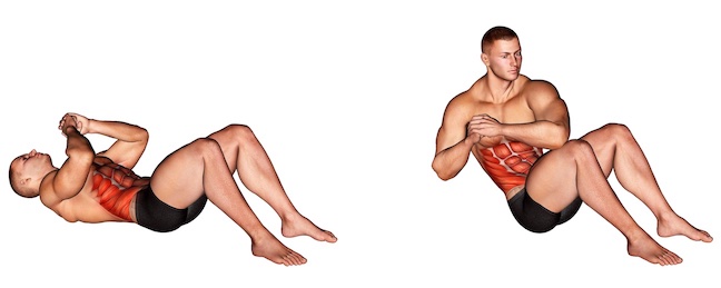 Schräge Bauchmuskeln Übungen Gym: Bild von der Übung Sit-ups Ellenbogen zum Knie.