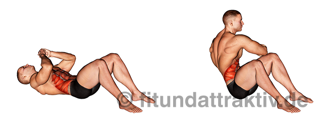 Schräge Bauchmuskeln Übungen Gym: Bild von der Übung Sit-ups Ellenbogen zum Knie.