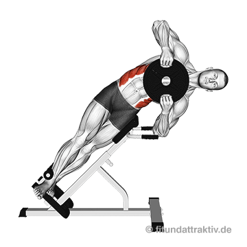 Übungen für den Bauch zum Abnehmen: GIF von der Übung seitliches Oberkörperbeugen am Gerät mit Hantelscheibe.