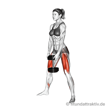 Bauch Beine Po Übungen für zuhause kostenlos: GIF von der Übung breite Kniebeuge mit Kurzhantel.