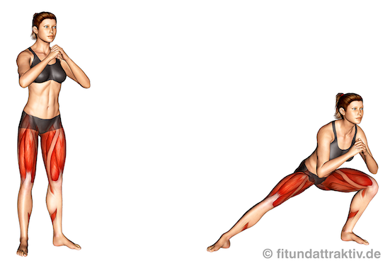 Ganzkörpertraining ohne Geräte PDF: Bild von der Übung seitlicher Ausfallschritt.