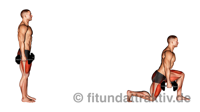 Gluteus maximus trainieren zuhause: Bild von der Übung Ausfallschritt mit Kurzhanteln nach vorne.
