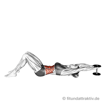 Krafttraining zu Hause Frau ab 50: GIF von der Übung Crunches mit Kurzhantel.