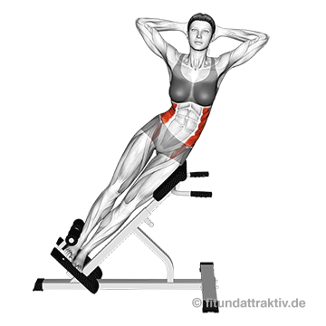 Schräge Bauchmuskeln Übungen Frauen: GIF von der Übung seitliches Oberkörperbeugen am Gerät.