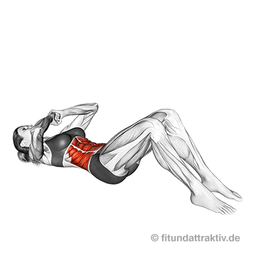 Schräge Bauchmuskeln Übungen Frauen: GIF von der Übung Sit-ups Ellenbogen zum Knie.
