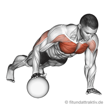Täglich Liegestütze Muskelaufbau: GIF von der Übung einarmige Liegestütze mit Ball.