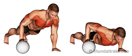 Täglich Liegestütze Muskelaufbau: Bild von der Übung einarmige Liegestütze mit Ball.