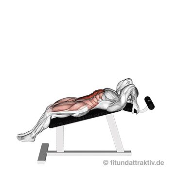 Übungen unterer Bauch Geräte: GIF von der Übung Beinheben auf der Schrägbank.